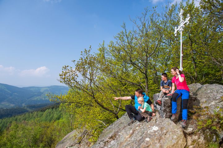 Eine Familie genießt die Aussicht vom Rinsleyfelsen im Lennestädter Ortsteil Saalhausen.